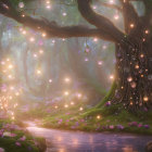 Enchanting forest scene with twisted tree, glowing lights, pink flowers, and serene river