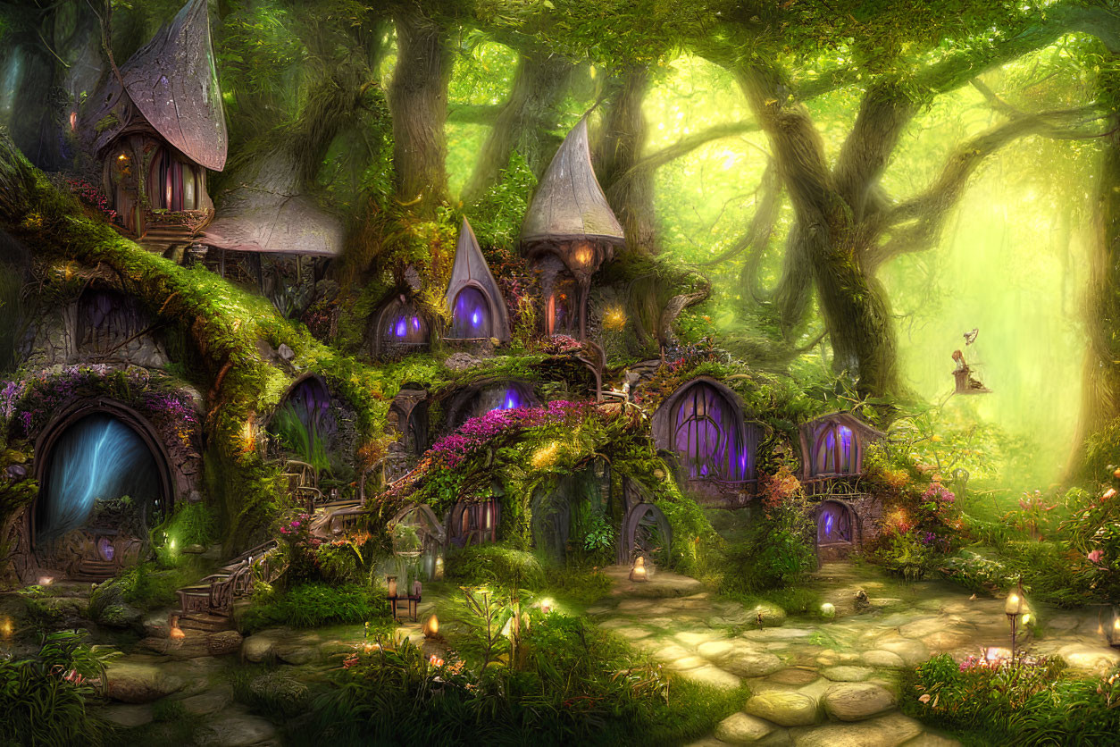 Whimsical tree houses in enchanted forest scene