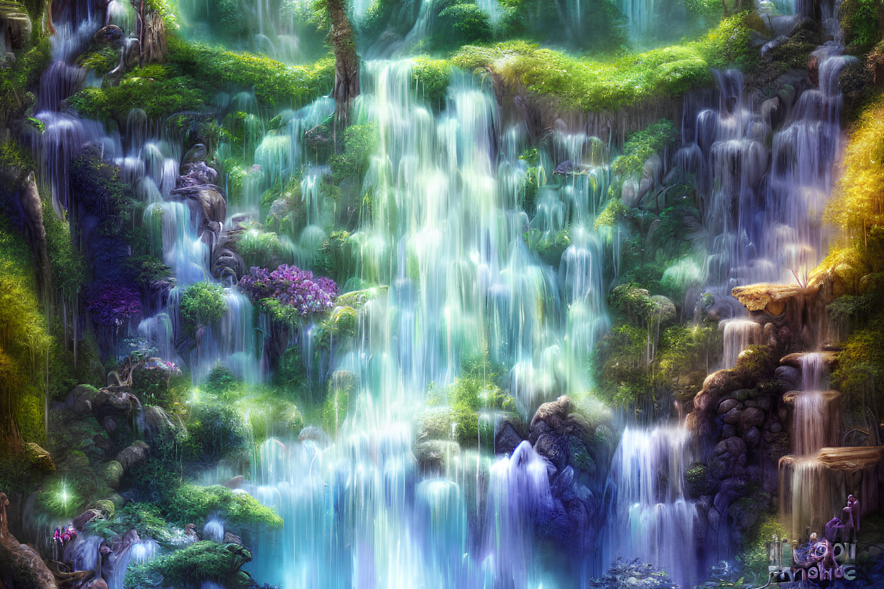 Vibrant fantasy waterfall surrounded by lush foliage