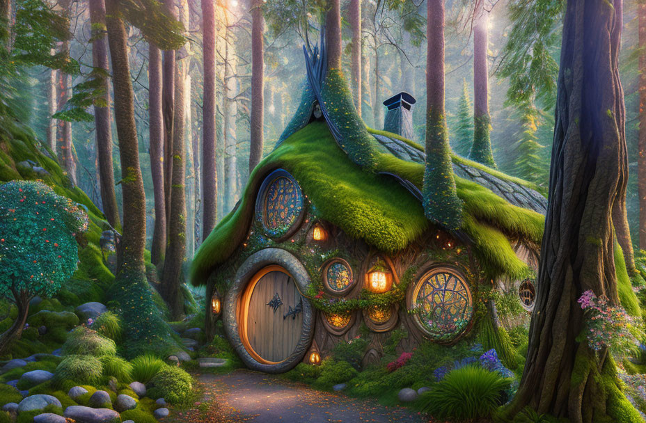 Whimsical cottage in enchanting forest with moss, round windows, wooden door, and sunlight.