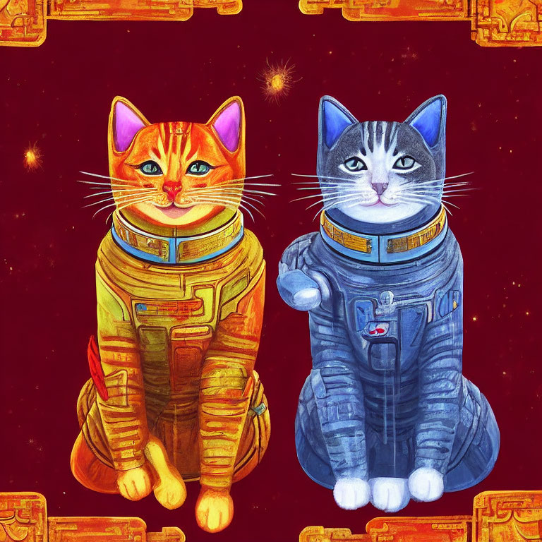 Anthropomorphic Cats in Astronaut Suits on Space-themed Background