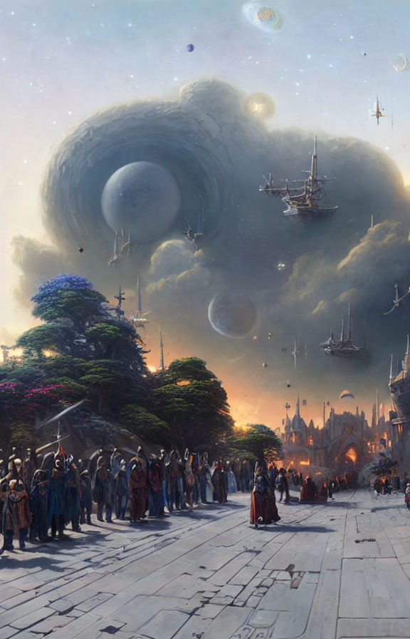 Crowd watching skyships near giant planets in medieval-futuristic city