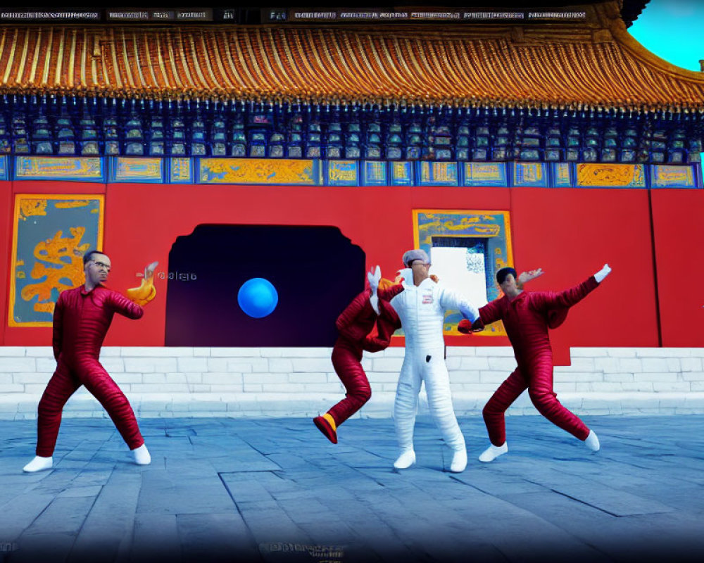 Four individuals in red and blue suits posing in front of vibrant red Chinese building