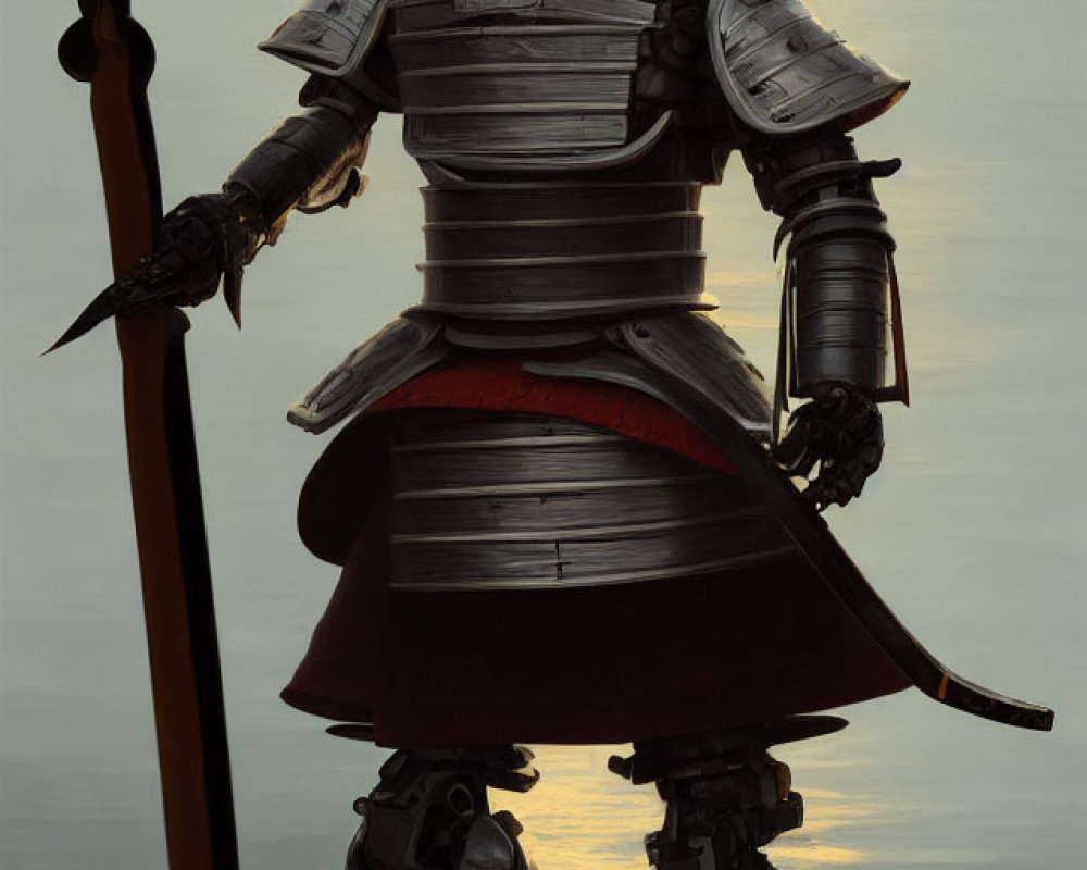 Samurai robot with spear in traditional armor fused with high-tech elements at dawn