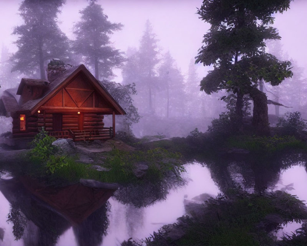 Misty forest scene with cozy cabin by reflective pond