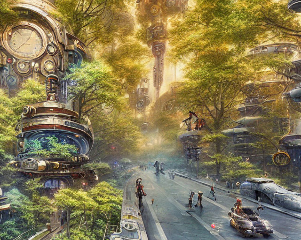 Sci-fi cityscape with steampunk buildings and lush greenery in warm light