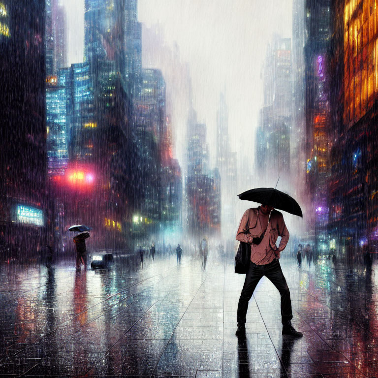 Pedestrian with umbrella in neon-lit rain-soaked cityscape at night