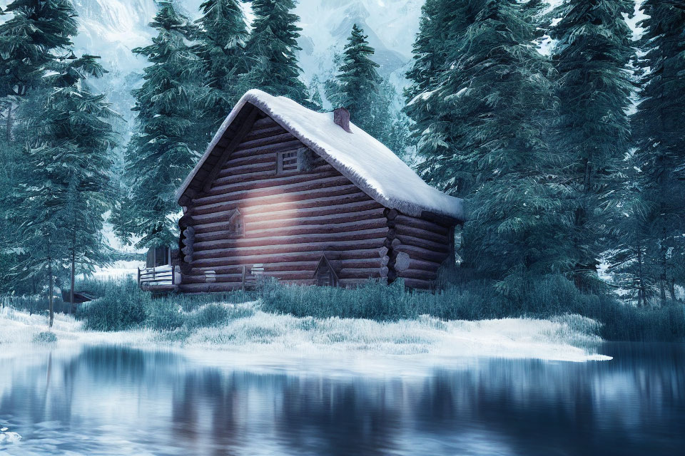 Snow-covered log cabin by calm lake in serene winter scene