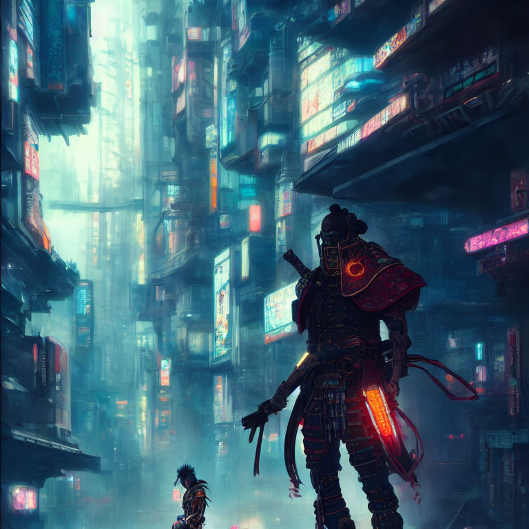 Futuristic samurai in glowing armor in cyberpunk cityscape