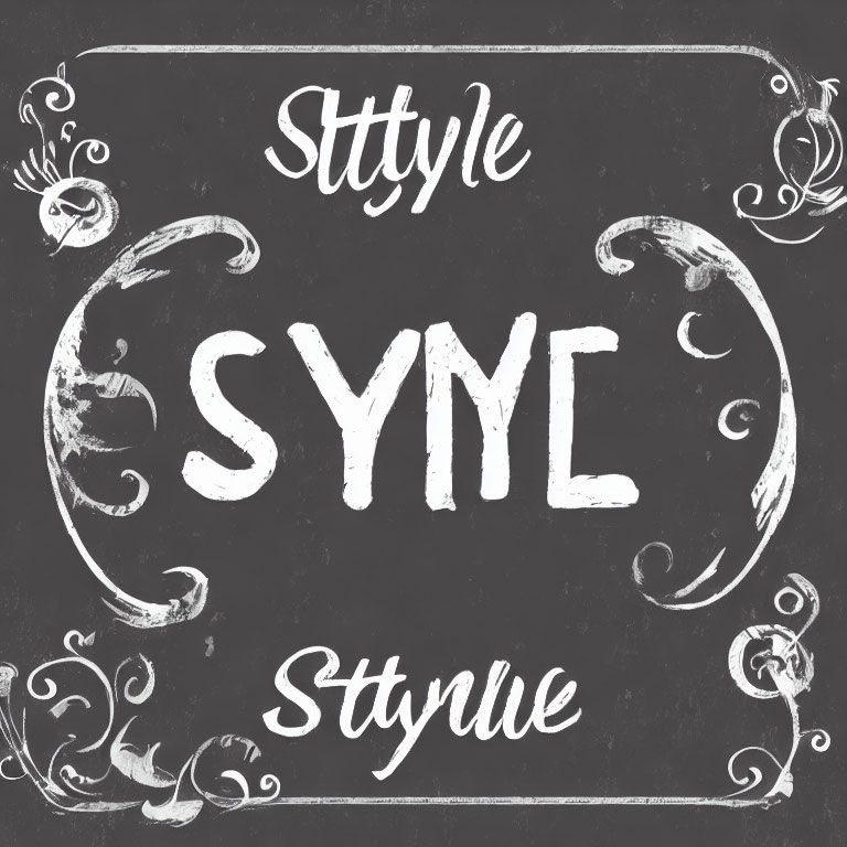 Chalkboard-style image of "Style" in various fonts with white floral designs on black.