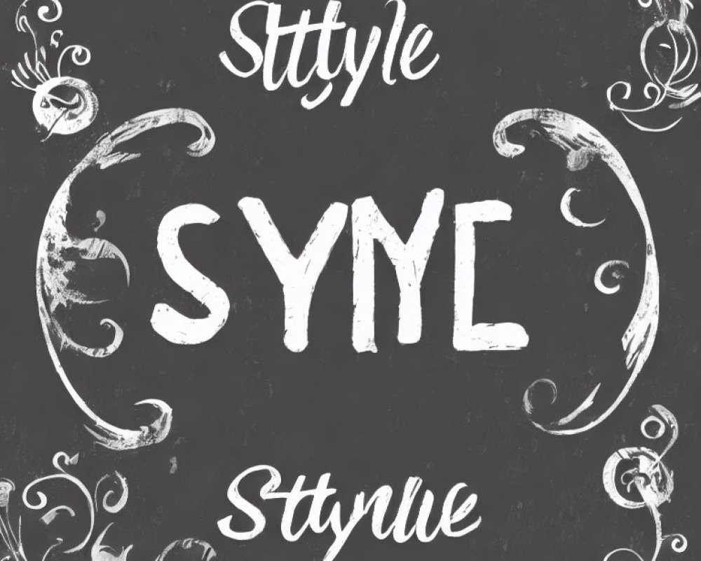 Chalkboard-style image of "Style" in various fonts with white floral designs on black.