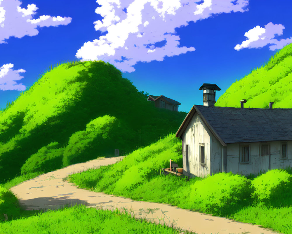 Scenic rural landscape with small house, green hills, dirt path, and blue sky