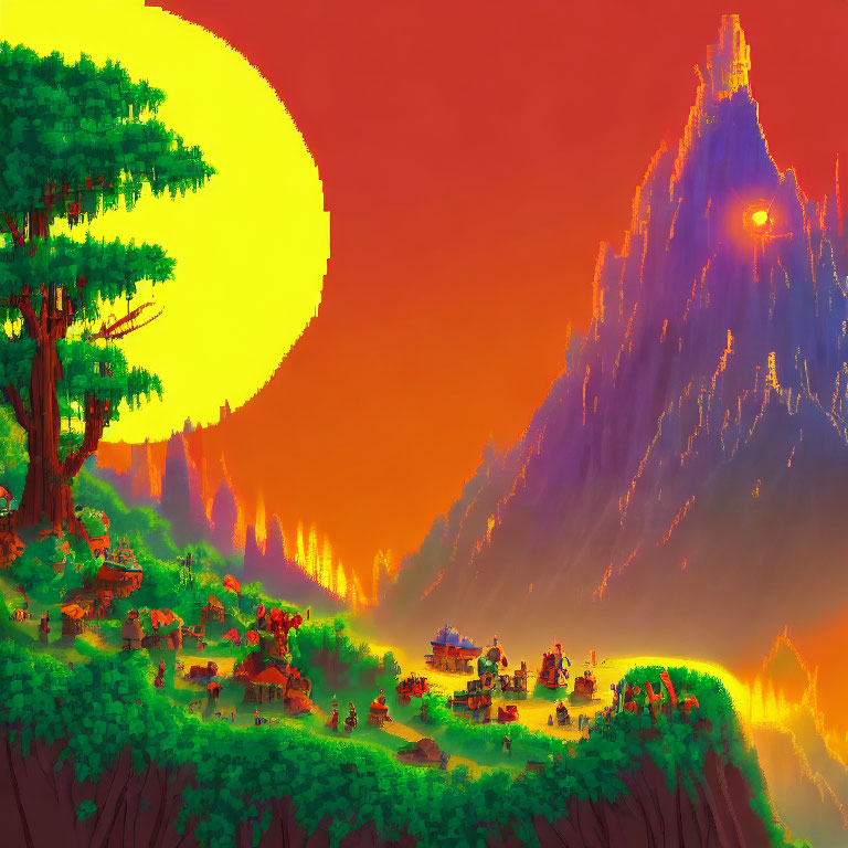 Colorful Pixel Art Landscape with Sun, Mountain, Valley, and Houses