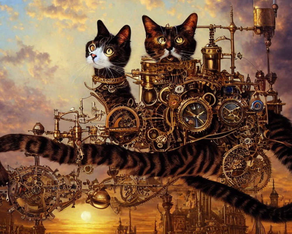 Steampunk cats with mechanical bodies over sunset cityscape.