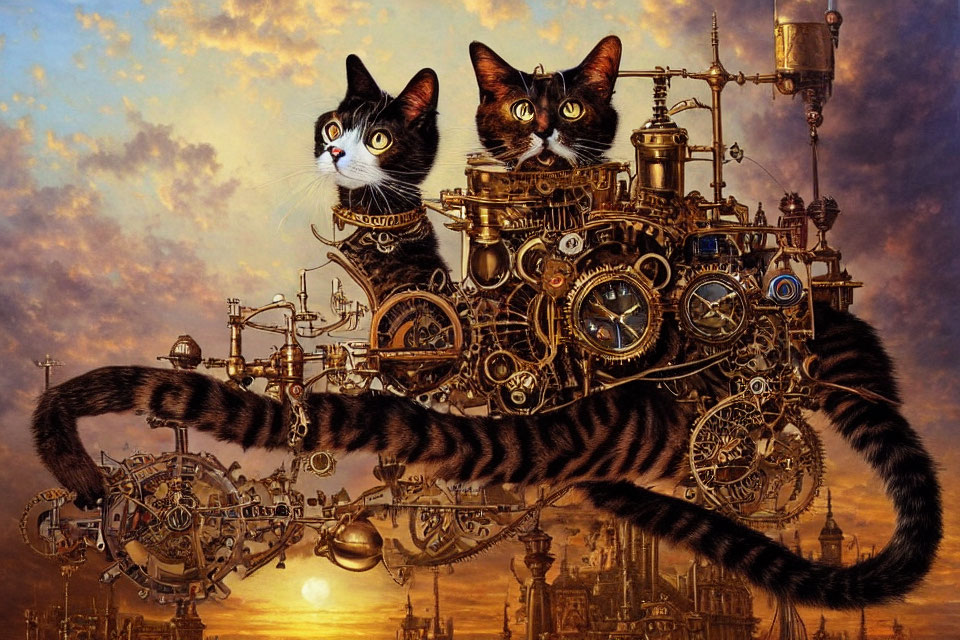 Steampunk cats with mechanical bodies over sunset cityscape.