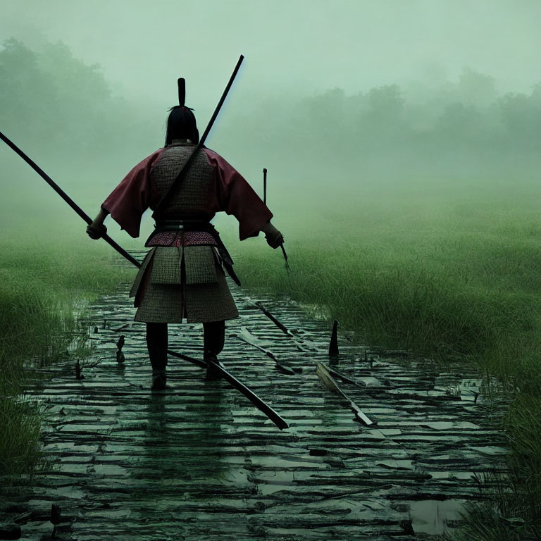 Traditional armor warrior on misty path with swords, facing serene green landscape