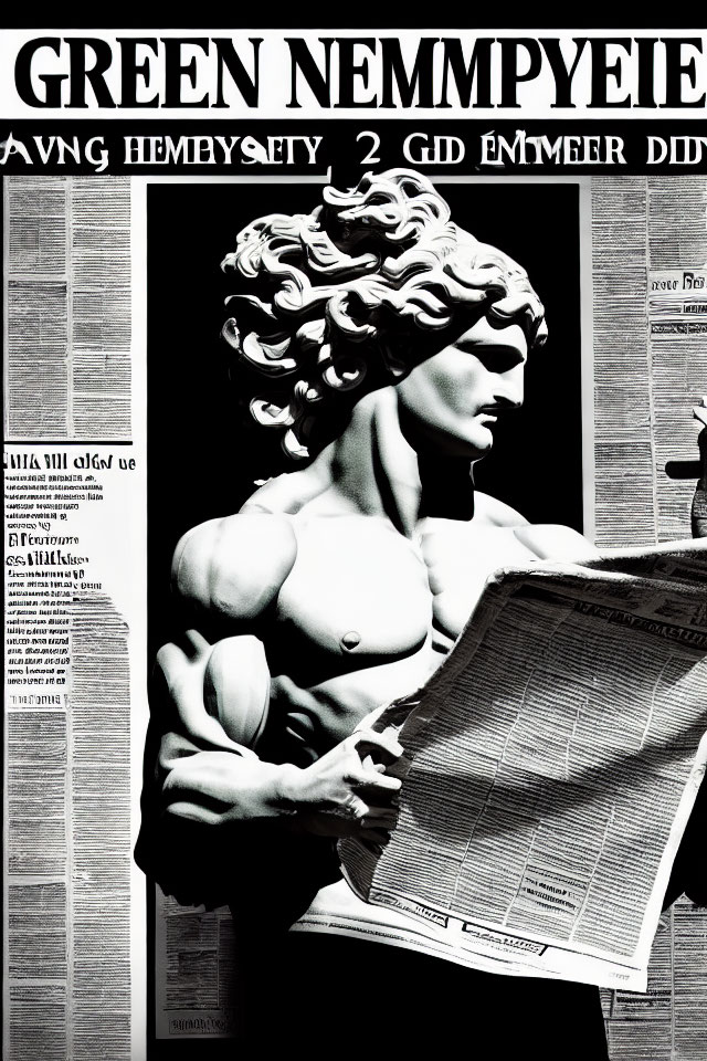 Monochrome sculpture holding newspaper amidst clippings