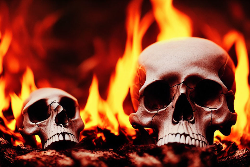 Two human skulls in front of intense flames