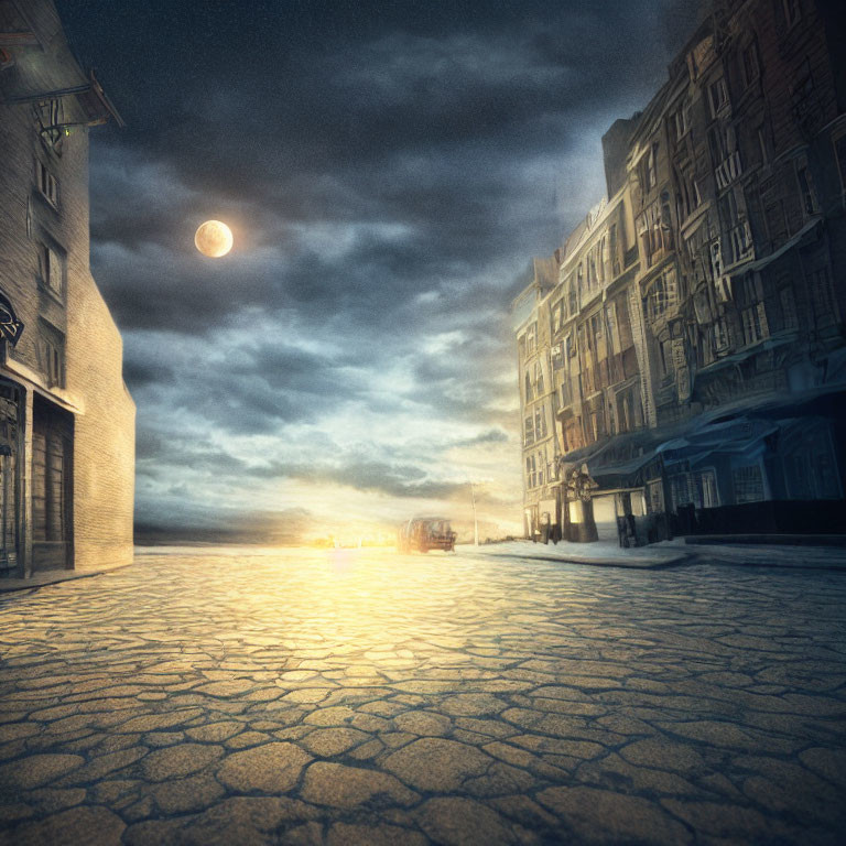 Historic cobblestone street in an old-fashioned town at night