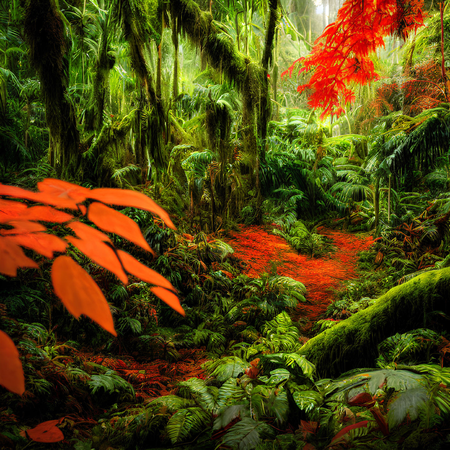 Colorful autumn leaves against green forest backdrop with moss-covered trees and fern carpet, creating mystical ambiance