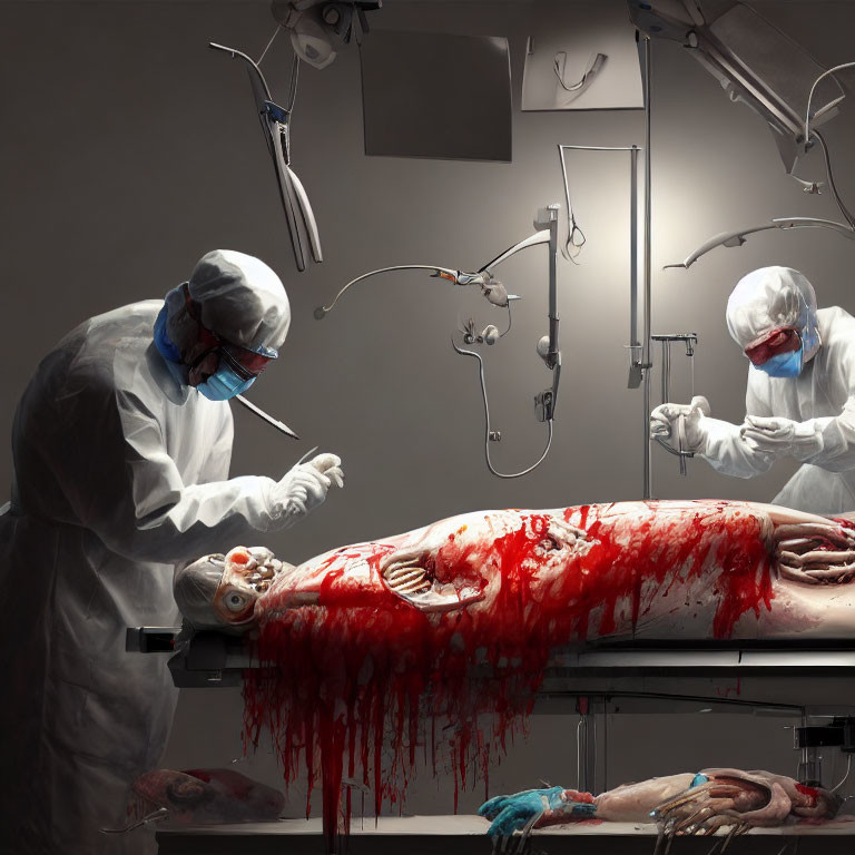 Two Hazmat Suit Individuals Examining Surreal Figure on Operating Table