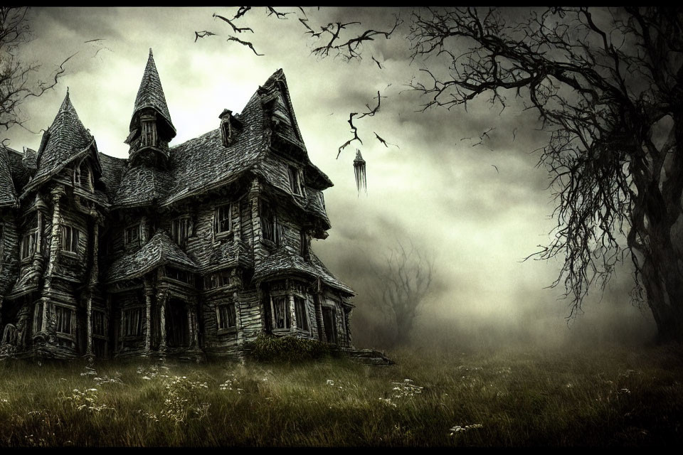 Desolate Victorian mansion in foggy setting