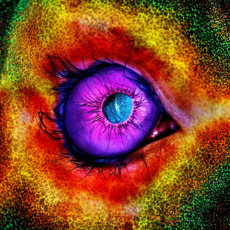 Close-up of human eye with purple iris and colorful patterns.