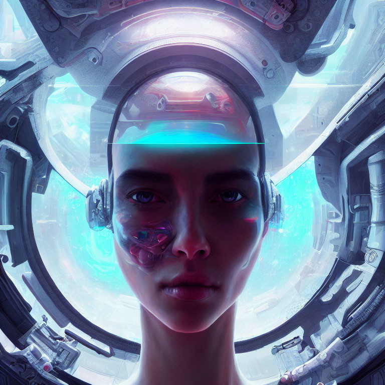 Futuristic portrait of a person with cybernetic enhancements and high-tech helmet against spaceship backdrop