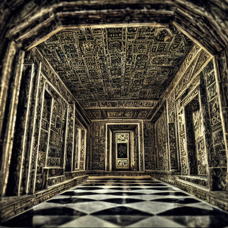 Luxurious Corridor with Intricate Ceiling Designs and Checkered Floor