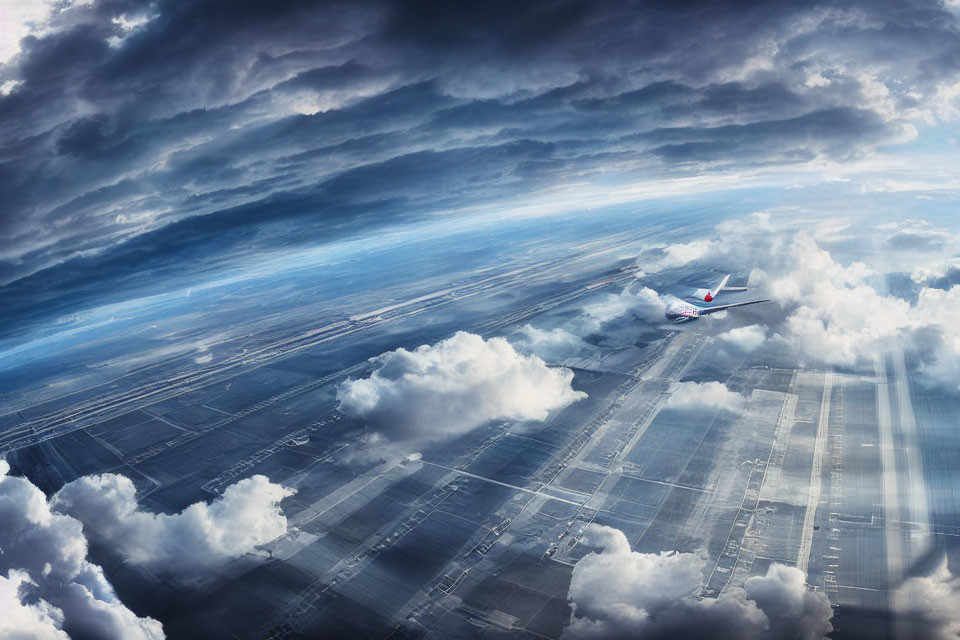 Airplane soaring through cumulus clouds with sun rays over fields