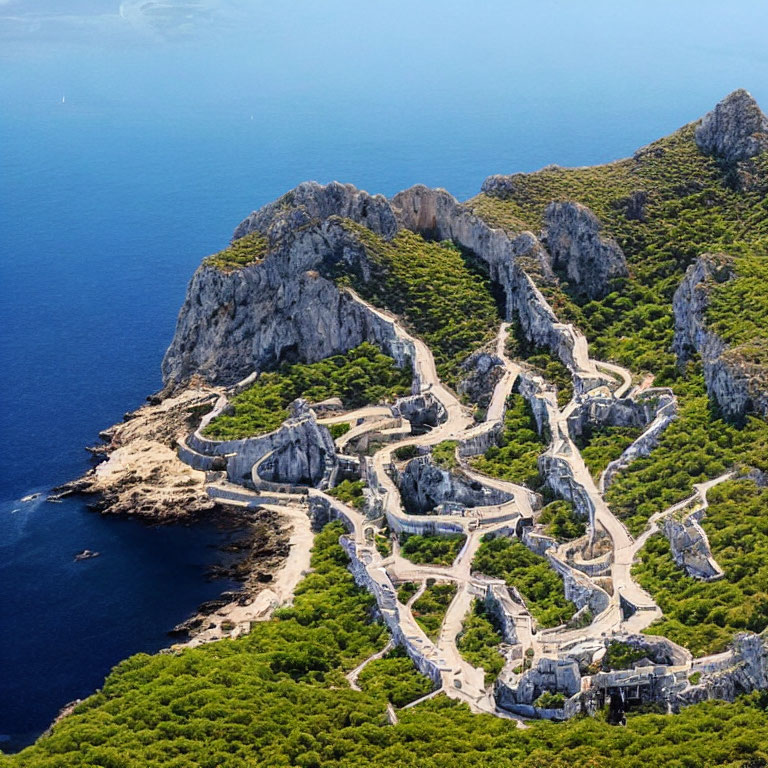 Aerial View of Winding Coastal Roads and Blue Sea