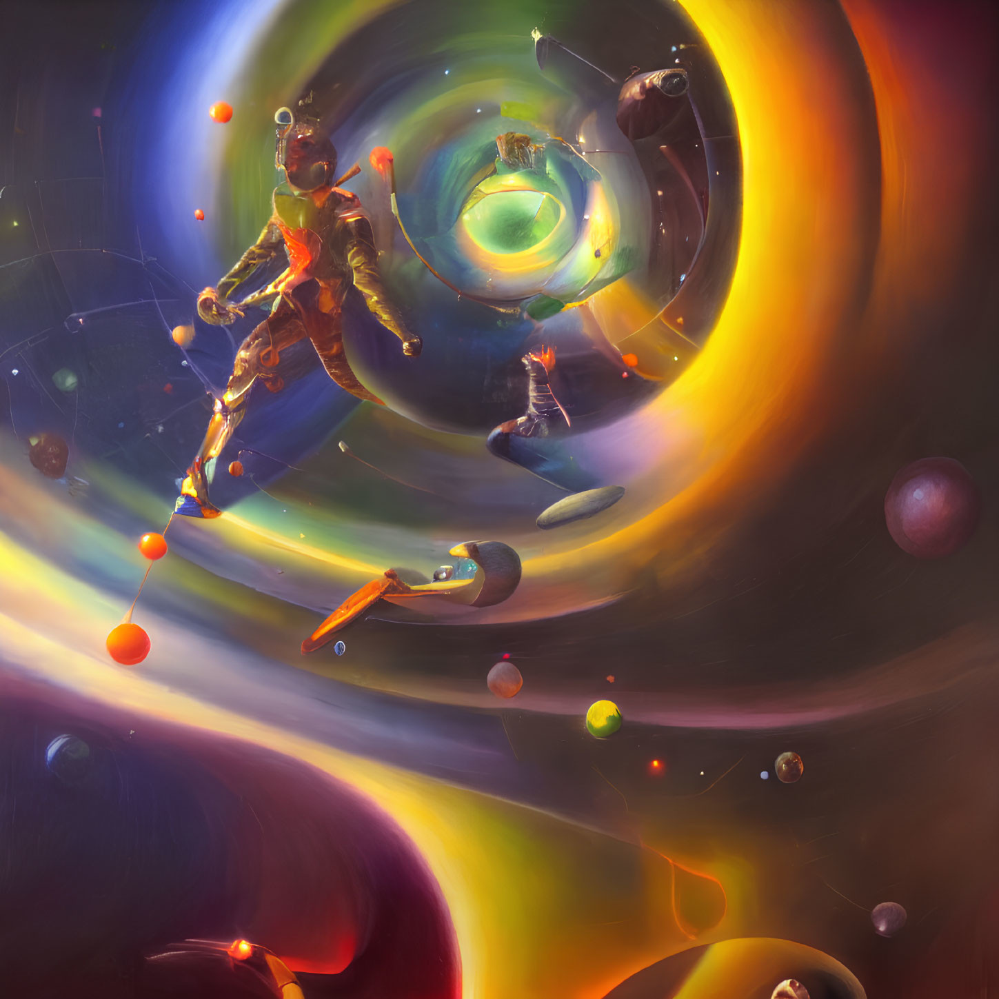 Surreal digital painting: Entities in space voids, swirling colors, celestial bodies, disjointed