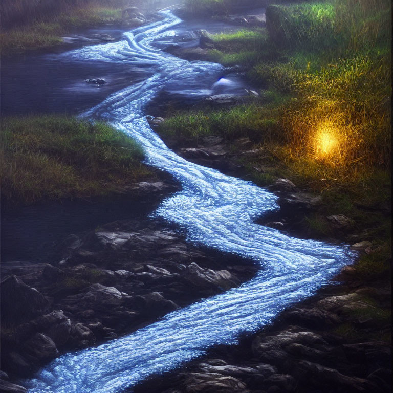 Bioluminescent stream winding through dark landscape with warm light in grass