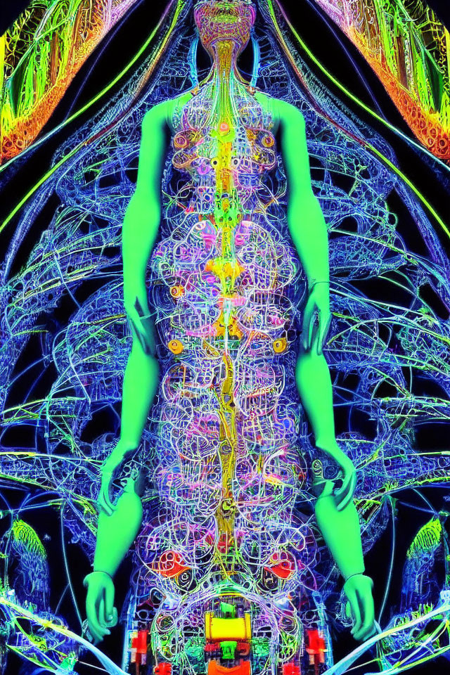 Neon-colored digital artwork of human-like figure with intricate patterns and circuits.