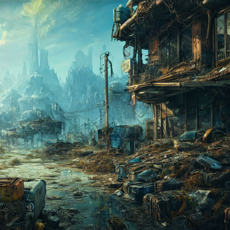 Dilapidated post-apocalyptic cityscape with abandoned vehicles and overgrown streets