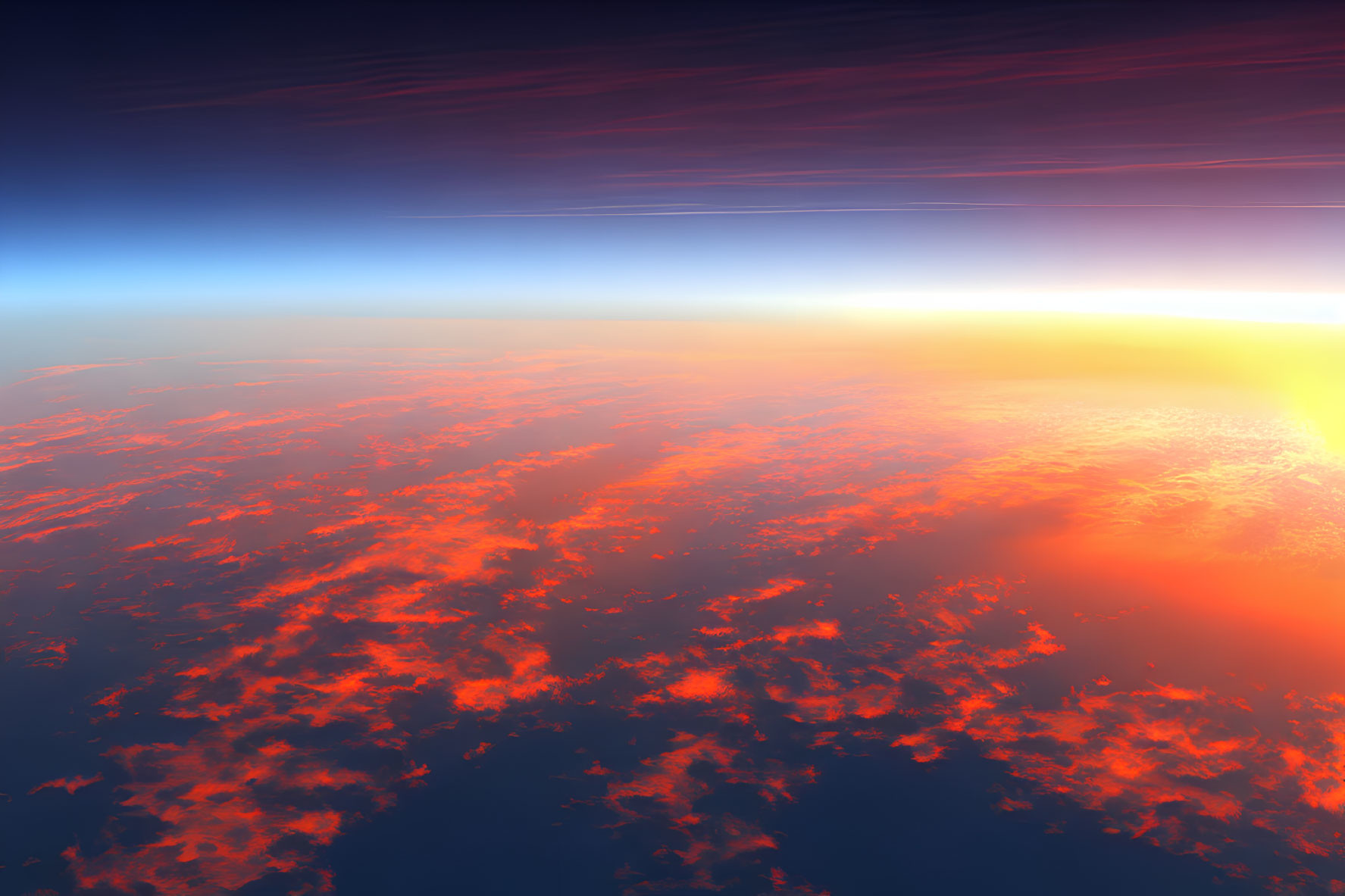 Vibrant orange and red sunset over Earth with curved planet and cloud formations