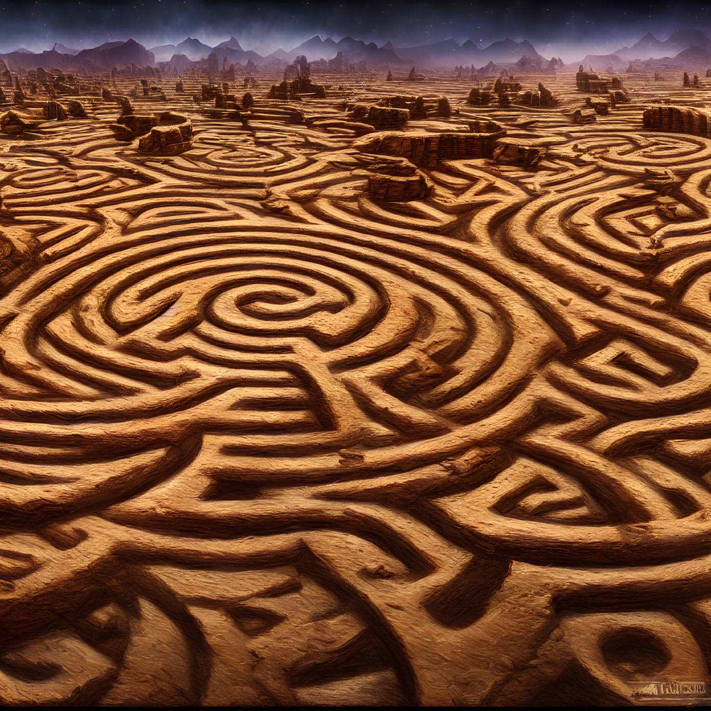 Majestic sand maze under dramatic sky and rock formations