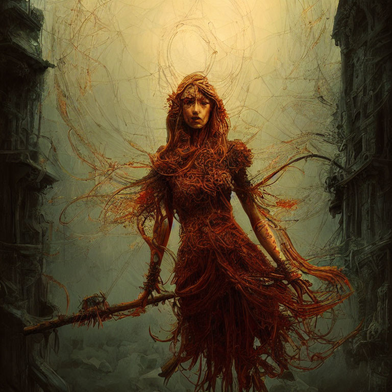 Ethereal female figure in red garb with staff in Gothic architectural setting