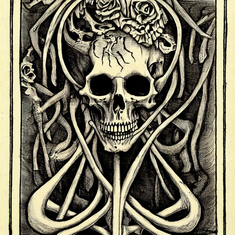 Detailed Skull Illustration with Floral and Vine Patterns in Monochromatic Etching Style