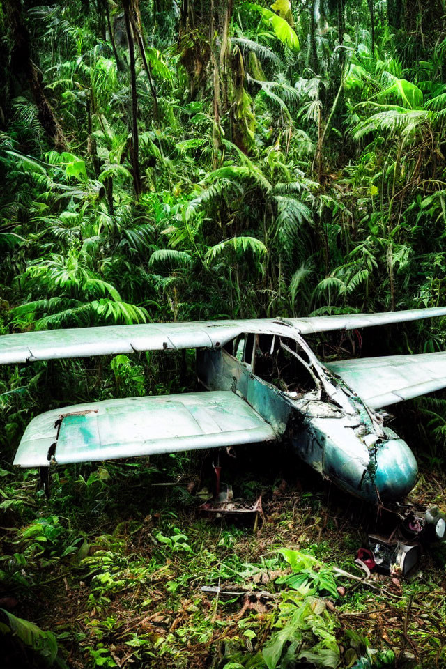 Abandoned plane covered in vegetation in dense jungle