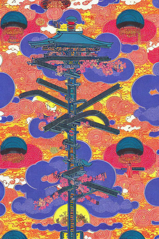 Colorful Japanese Pagoda Illustration with Floating Lanterns