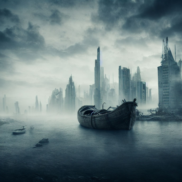 Derelict skyscrapers and abandoned boat in misty dystopian cityscape.