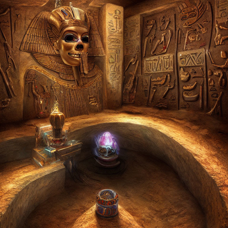 Ancient Egyptian tomb with sarcophagus, hieroglyphics, artifacts, and glowing orb