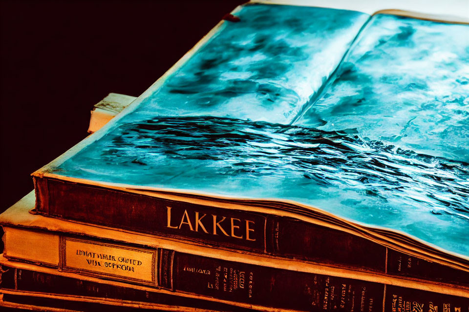 Vibrant blue water illusion on open book atop stack of hardcovers