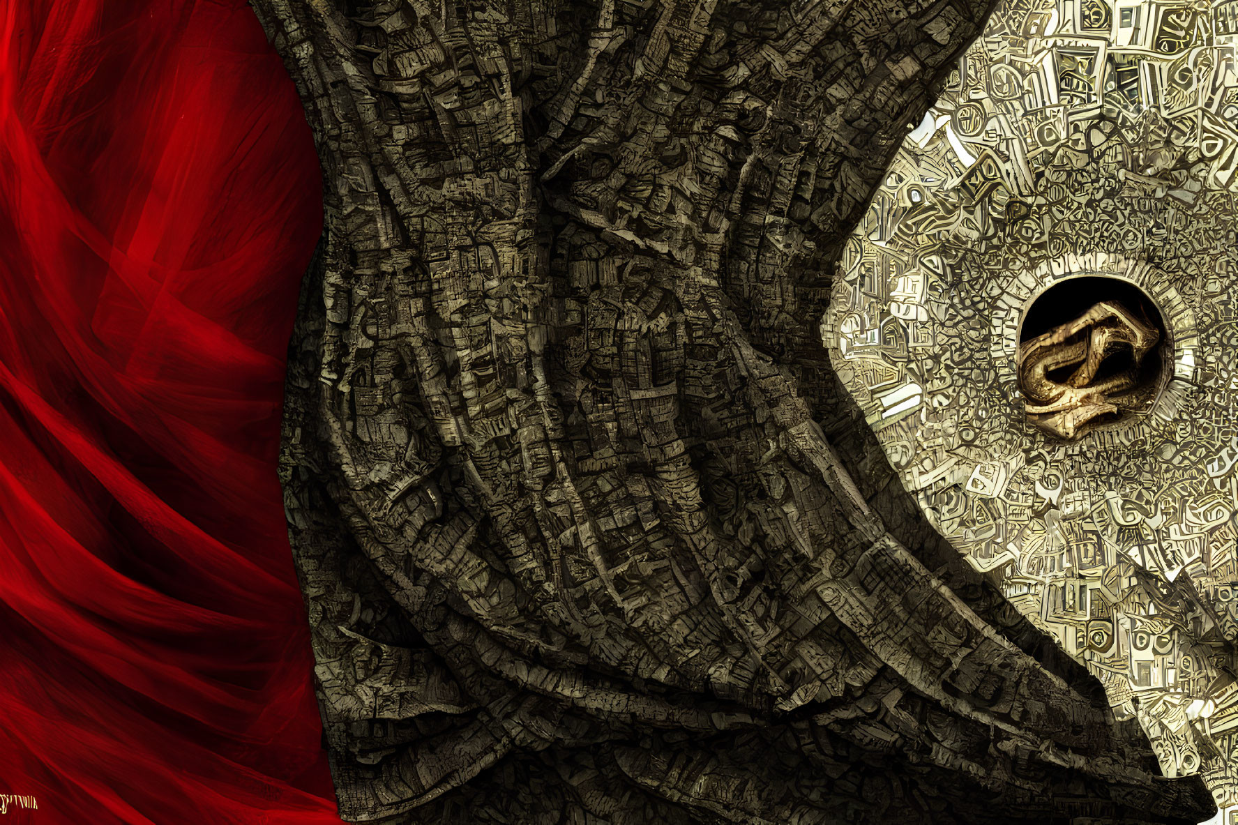 Abstract Fractal Digital Art: Red and Grey Swirling Textures with Circular Golden Motif