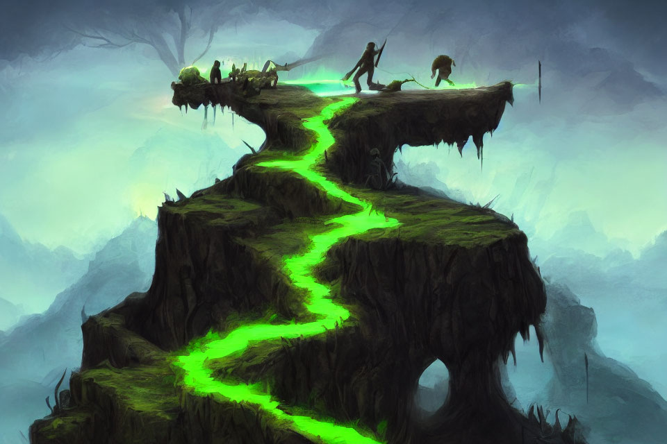 Digital artwork of floating island with glowing green path and mystical creatures