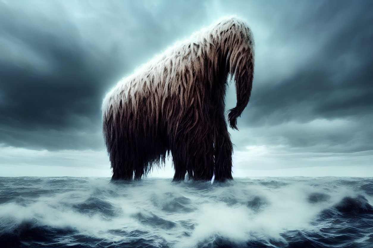 Shaggy creature in misty ocean under stormy sky