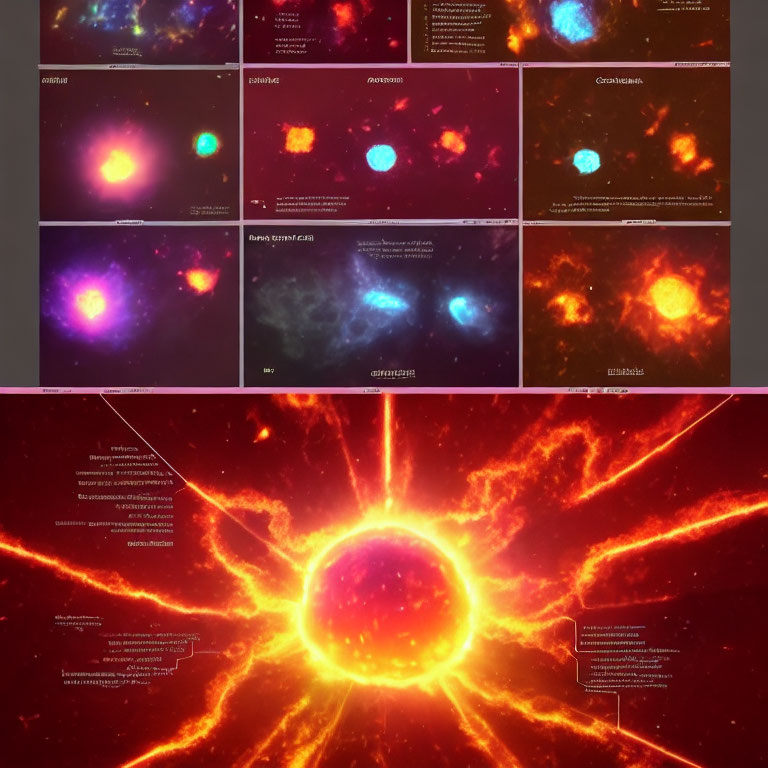 Astronomical Phenomena Collage and Detailed Sun Illustration with Annotations