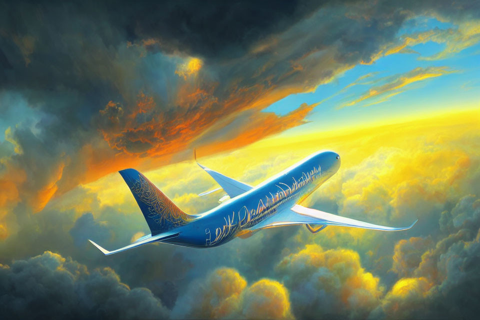 Airplane soaring through vibrant orange and yellow clouds in dramatic sky