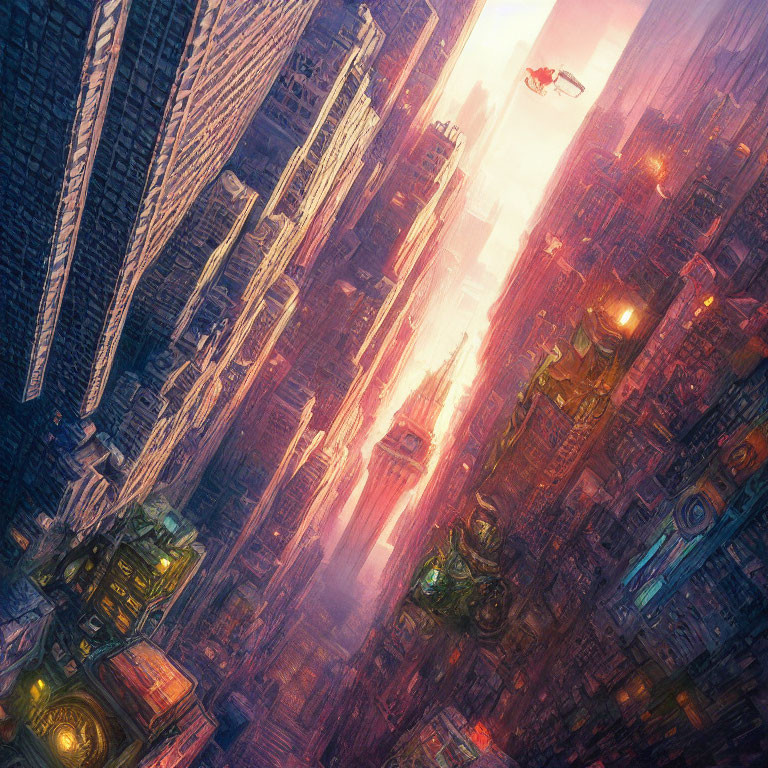 Futuristic cityscape with skyscrapers, neon lights, sunset, and flying vehicle